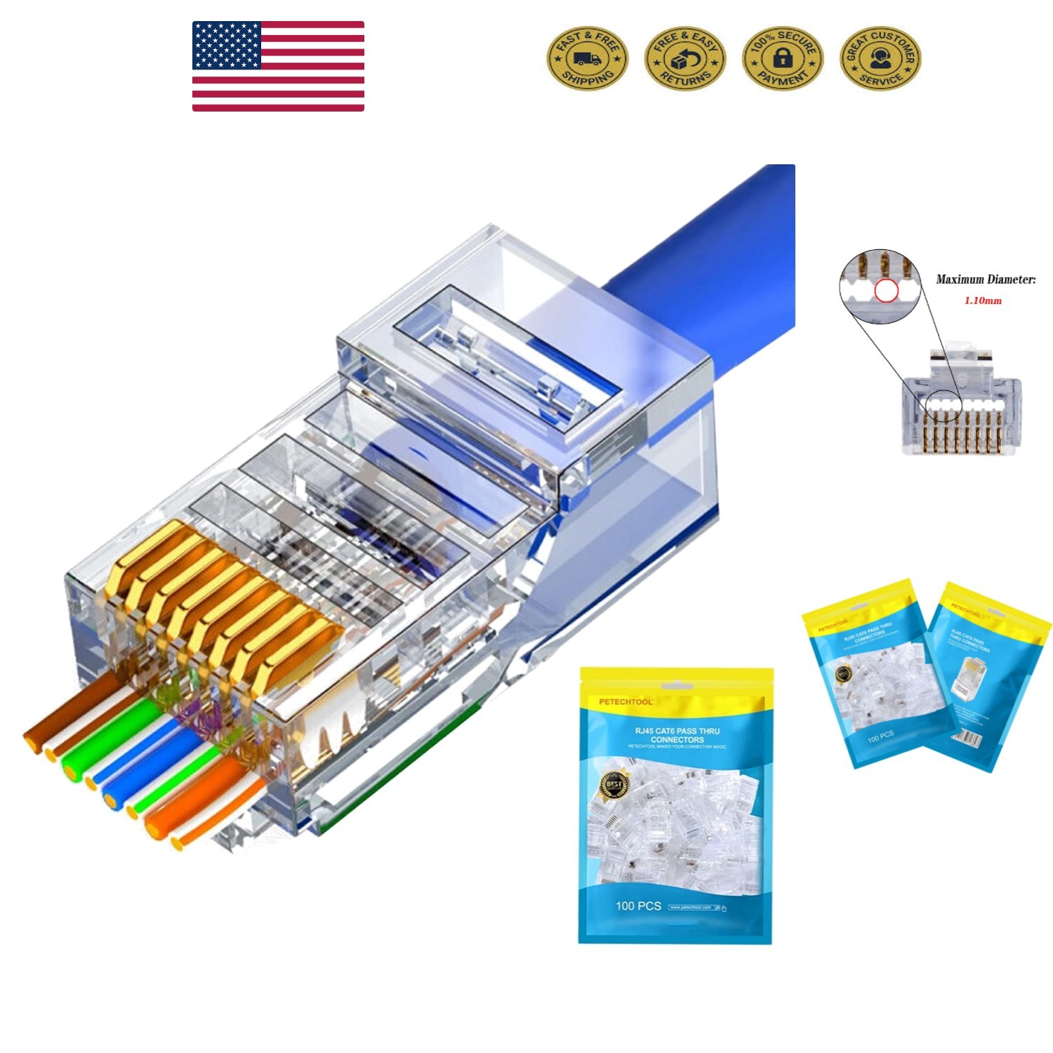 Effortless Networking: 100 Pack Gold Plated Pass-Through RJ45 Cat6 Connectors