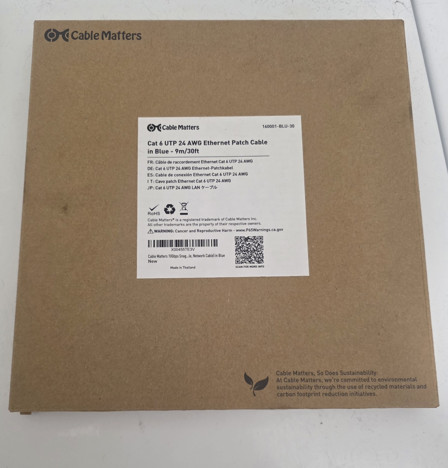 Cable Matters Cat 6 Ethernet Cable 30 ft Blue 10Gbps RJ45 160001-BLU-30 New