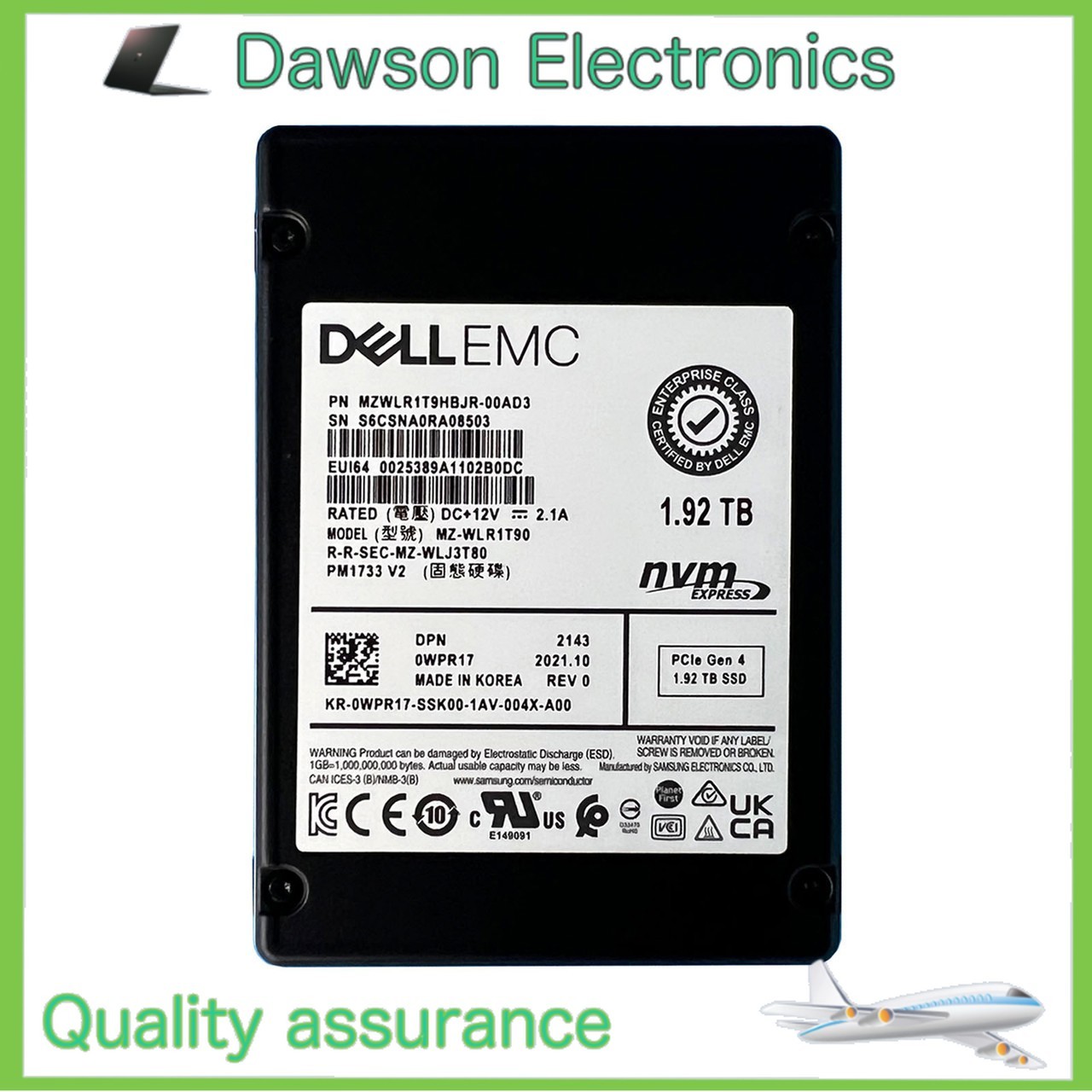 DELL EMC SAMSUNG PM1733 V2 1.92TB U.2 SSD NVMe MZWLJ1T9HBJR MZ-WLJ1T9 WPR17