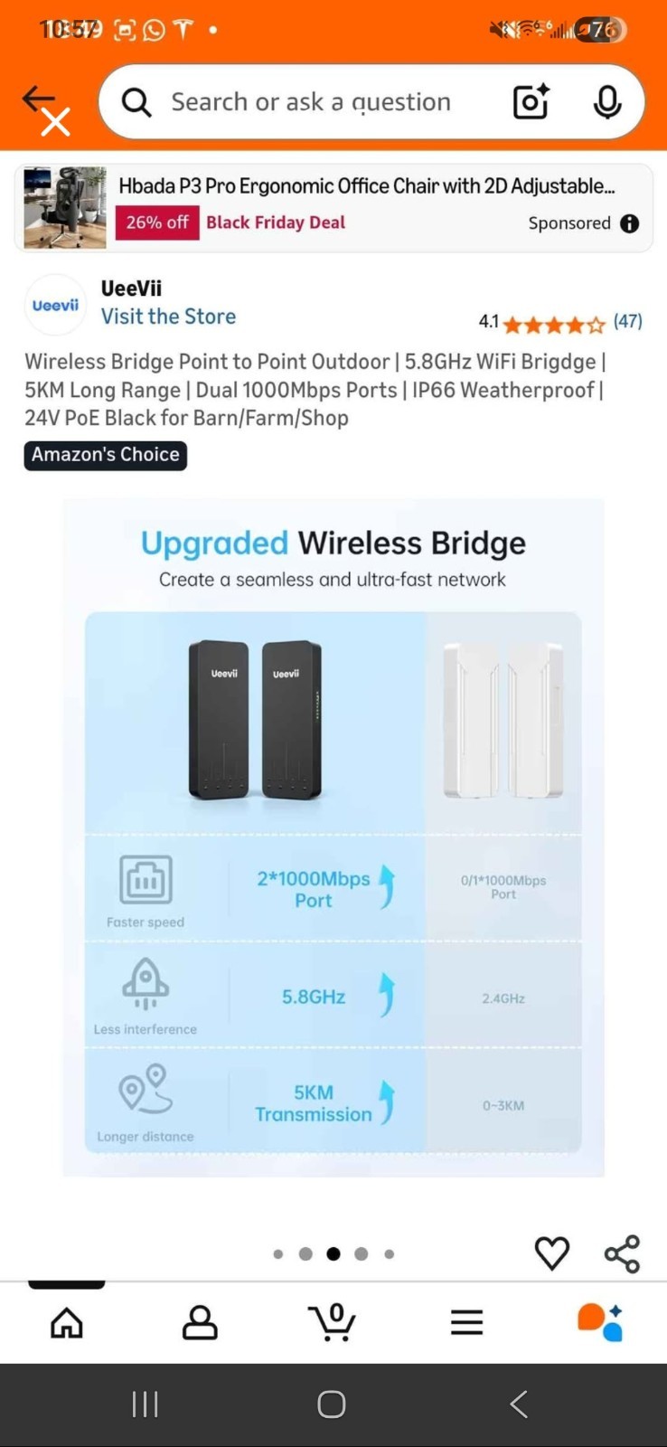 UeeVii Wireless Bridge 5.8GHz 5KM Dual-Band 1000Mbps IP66 PoE 2 Ports Black