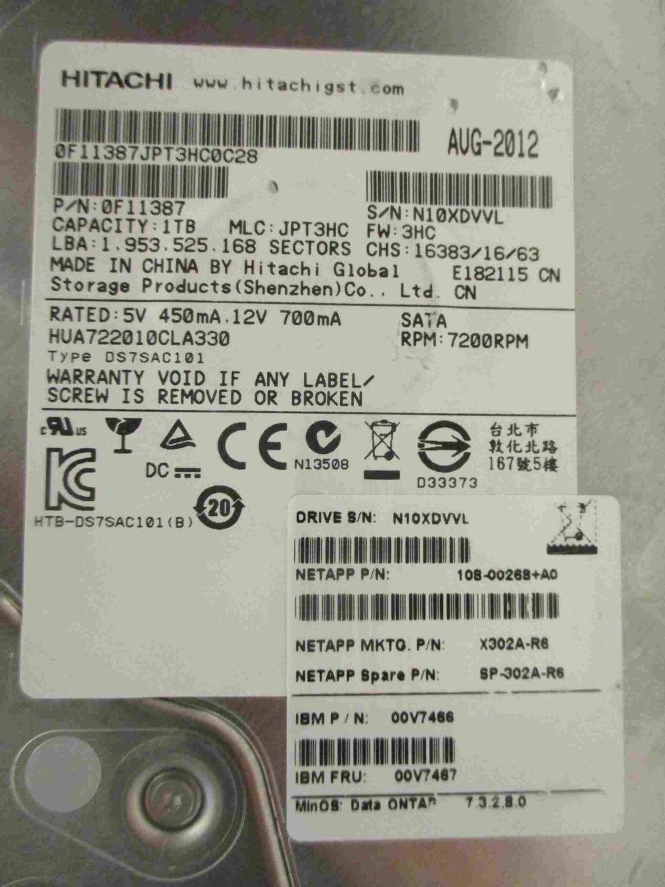 Hitachi HUA722010CLA330 AUG2012 PN: 0F11387 MLC: JPT3HC | 1TB