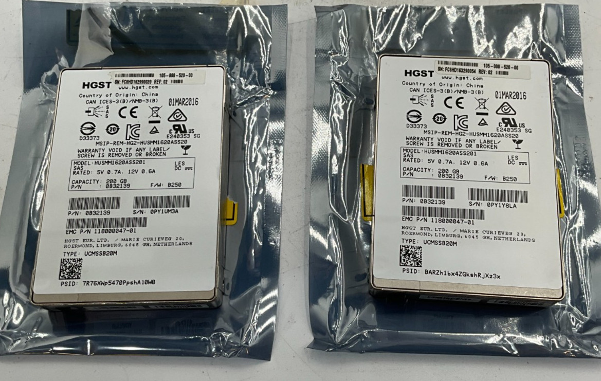 LOT OF 2 HGST 200GB Internal Server SSD 2.5" 12Gb s SAS HUSMM1620ASS201