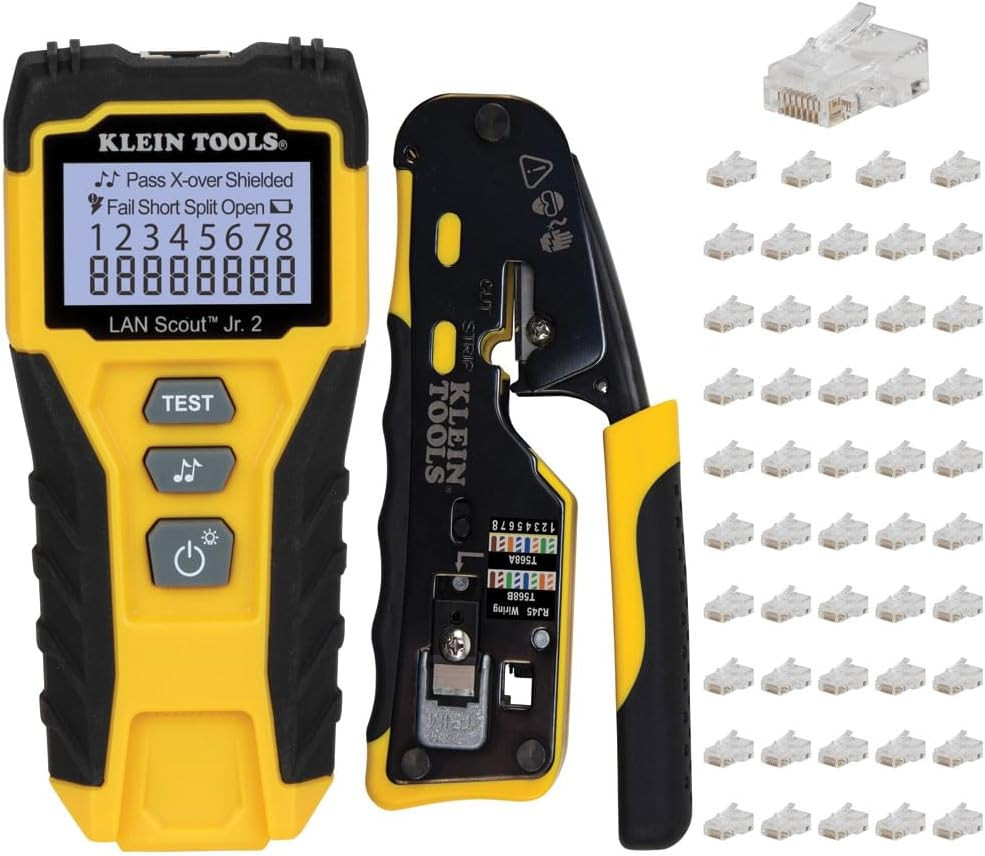 Klein Tools 80072 RJ45 Cable Tester Kit with LAN Scout Jr. 2, Coax Crimper / Str