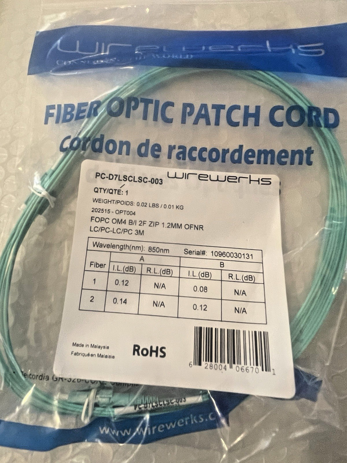LC-LC UPC Duplex FOPC OM4 2F ZIP 1.2MM OFNR Fiber Optic Patch Cord 5PK, 3 Meters