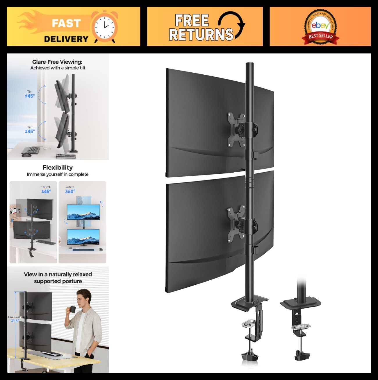 Dual LED LCD Monitor Stand for 2 Screens up to 32" - Extra Tall Adjustable Desk
