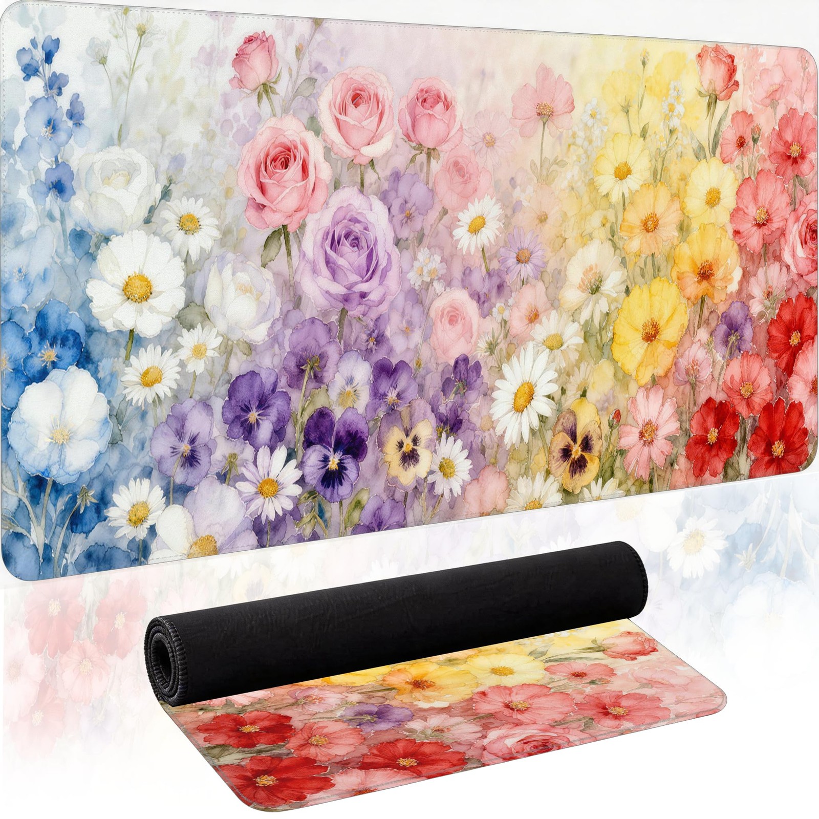 Plant Desk Mat, Watercolor Flowers Large Mouse Pad XL 31.5 x 11.8 Inch