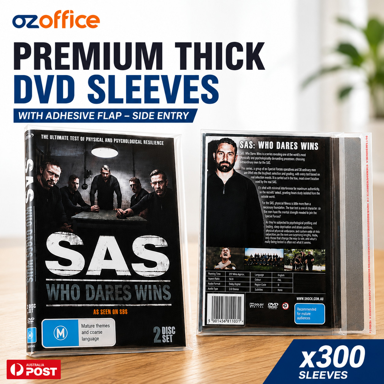 PREMIUM 300 x Clear DVD Plastic Sleeves ADHESIVE Flap - DVD Sleeves Movie Covers