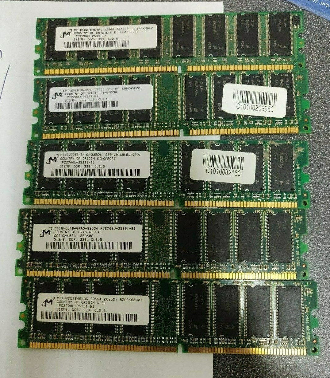 5x Micron MT16VDDT6464AG-335G4 512MB PC2700 DDR333 CL2.5 Memory Modules