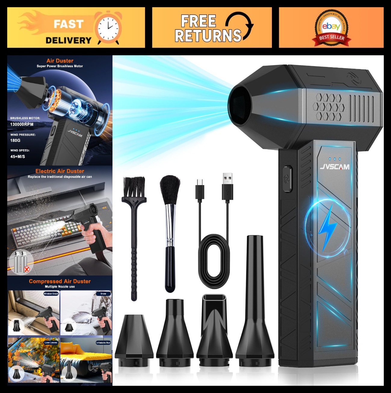 High-Power Compressed Air Duster 130,000 RPM Blower with Brushless Motor & Brush