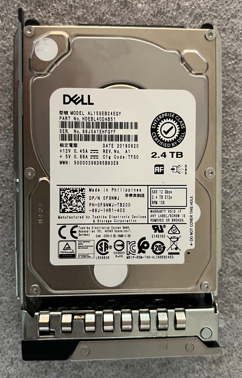 F9NWJ Dell Toshiba AL15SEB24EQY 2.4TB 10K 12Gb/s 2.5" SAS HDD 0F9NWJ R640 R740