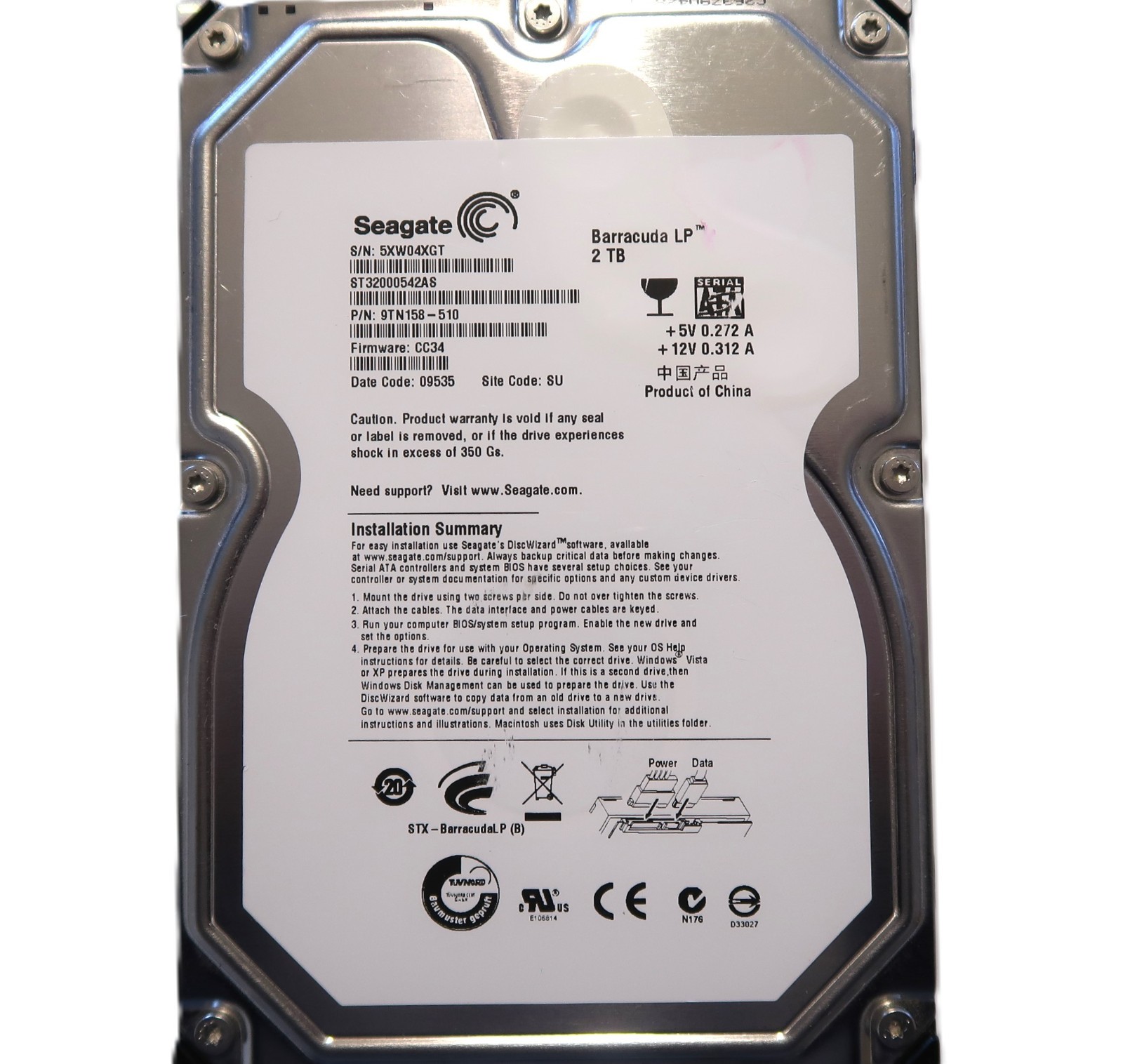 Seagate ST32000542AS 9TN158-510 CC34 SU China (5XW0) 3.5" 2TB Sata HDD JUL/2009