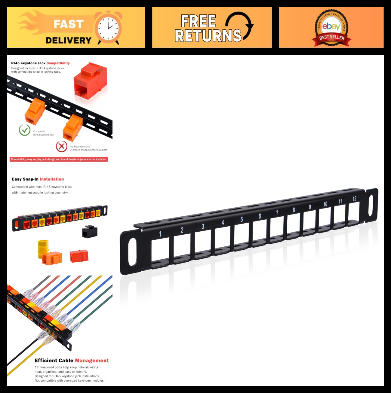 10" 12-Port Blank Keystone Patch Panel for Desk Rack, Cable Management for CAT5/