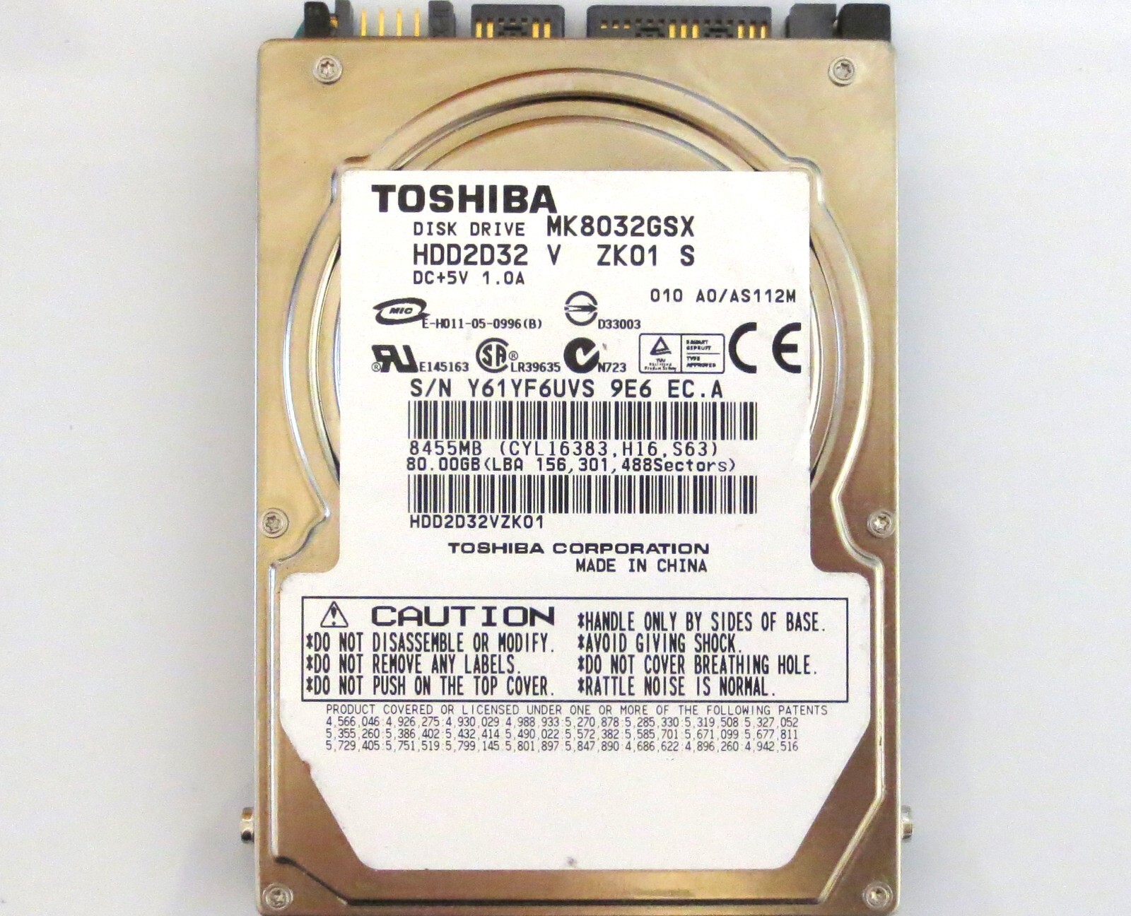 Toshiba MK8032GSX HDD2D32 V ZK01 S 010 A0/AS112M China 80gb Sata 2.5" HDD