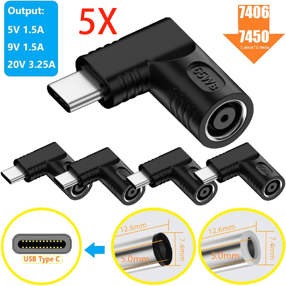 5pcs 65W 7.4mm Laptop Charger Converter USB Type C Power Charging Cable Adapter