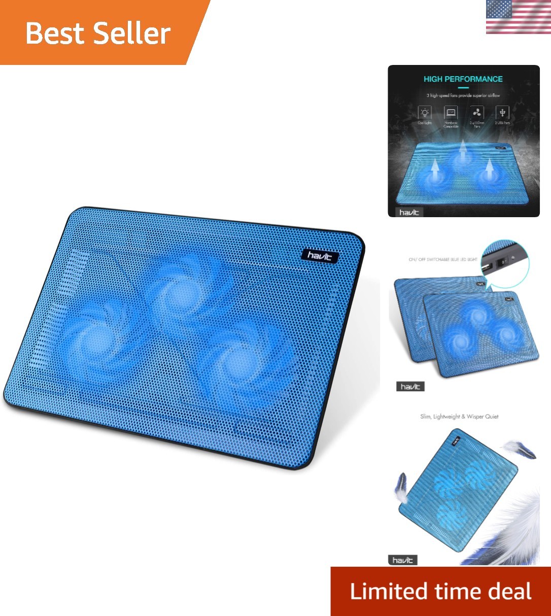 Blue 15.6-17 Inch Laptop Cooler with 3 Fans and Adjustable Height - Travel Ready