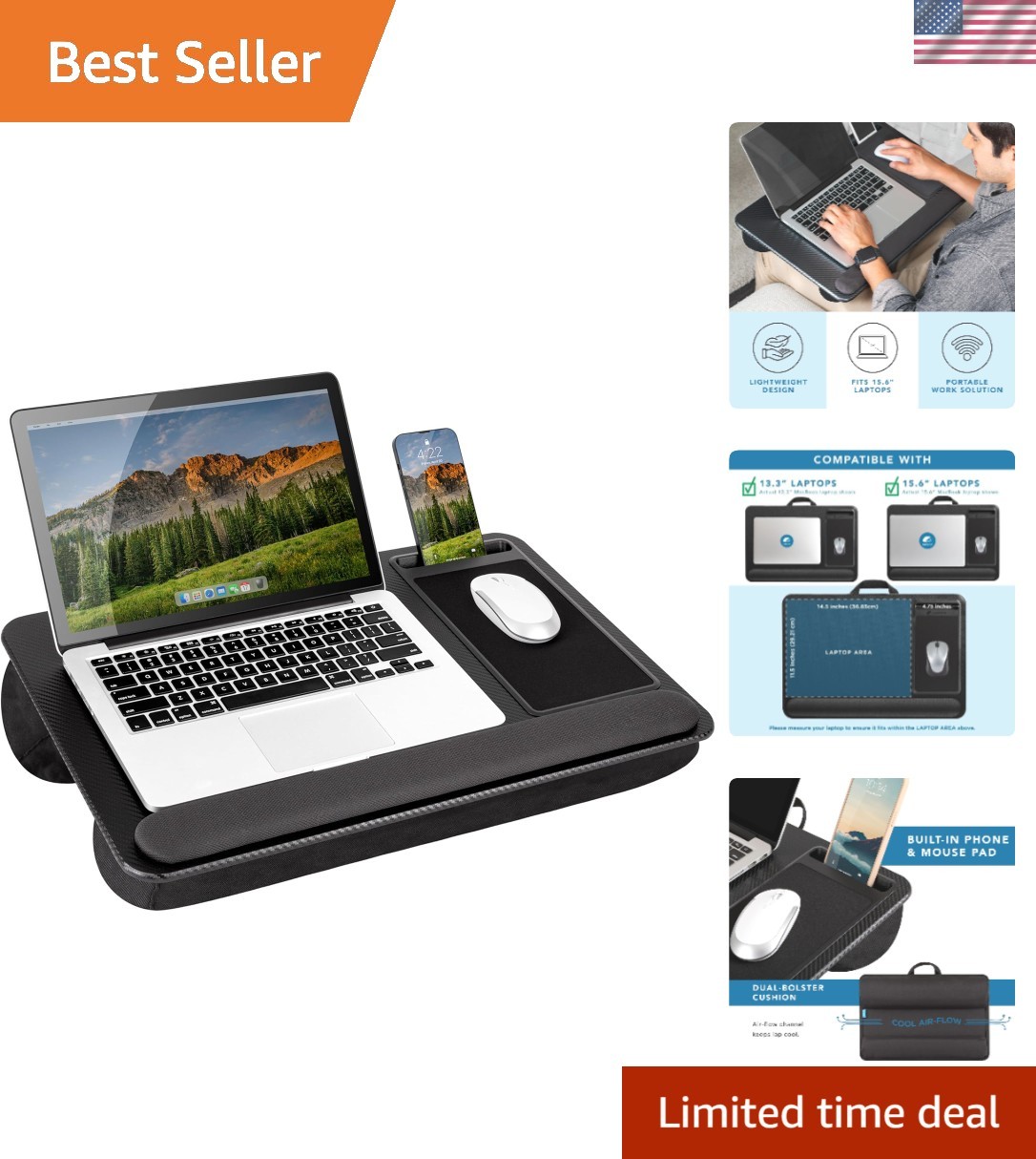 Elegant Black Carbon Lap Desk with Wrist Rest and Mouse Pad - Fits 15.6" Laptops