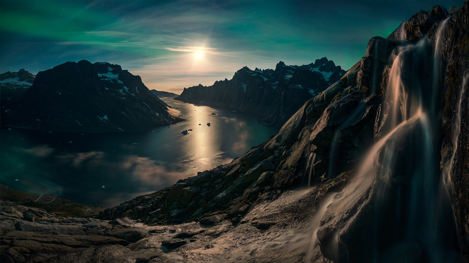 Landscape aurorae max rive nature fjord greenland low Custom Gaming Mat Desk