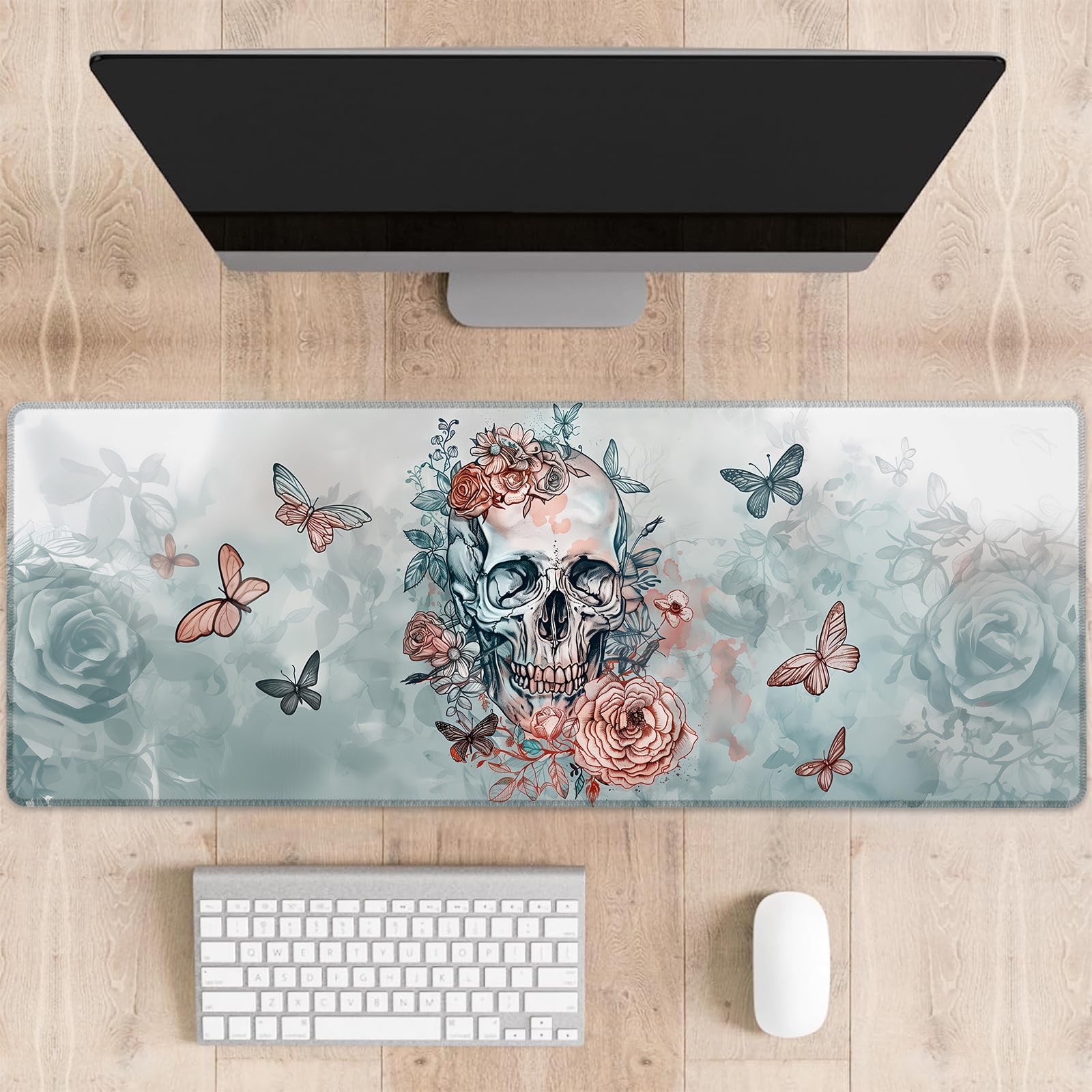 Skull Rose Gaming Mouse Pad Gothic Floral Extended Desk Mat 31.5x11.8 Inch