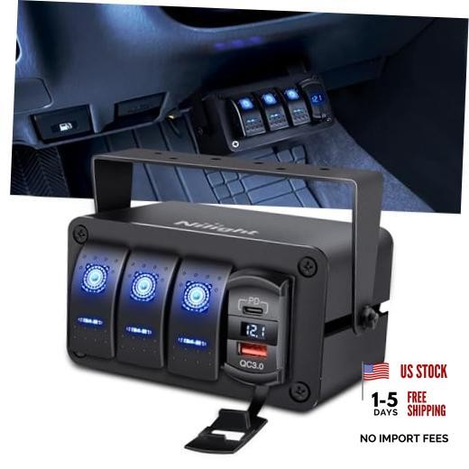 3 Gang Rocker Switch Box 12V SPST ON Off PD Type C 4 Gang Type C +USB Blue+Box