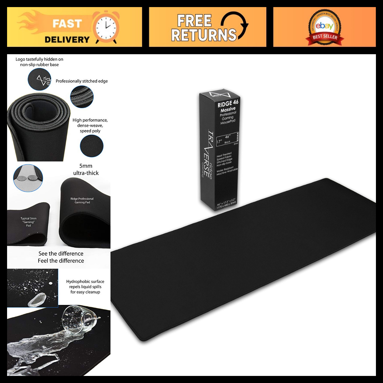 Extra Large Gaming Mouse Pad 46"x17" | 5mm Thick, Stitched Edge, Washable Desk M