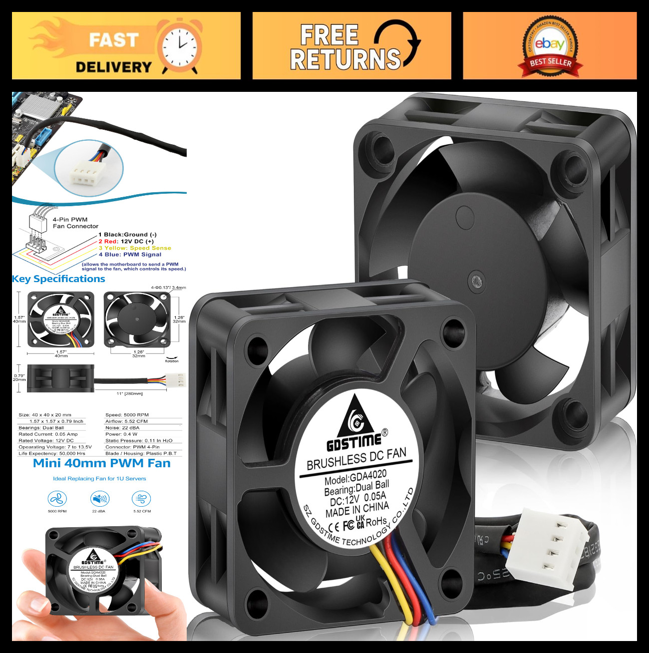 2Pcs 40mm Brushless DC Cooling Fan, 12V PWM, Dual Ball Bearing for 3D Printer, S