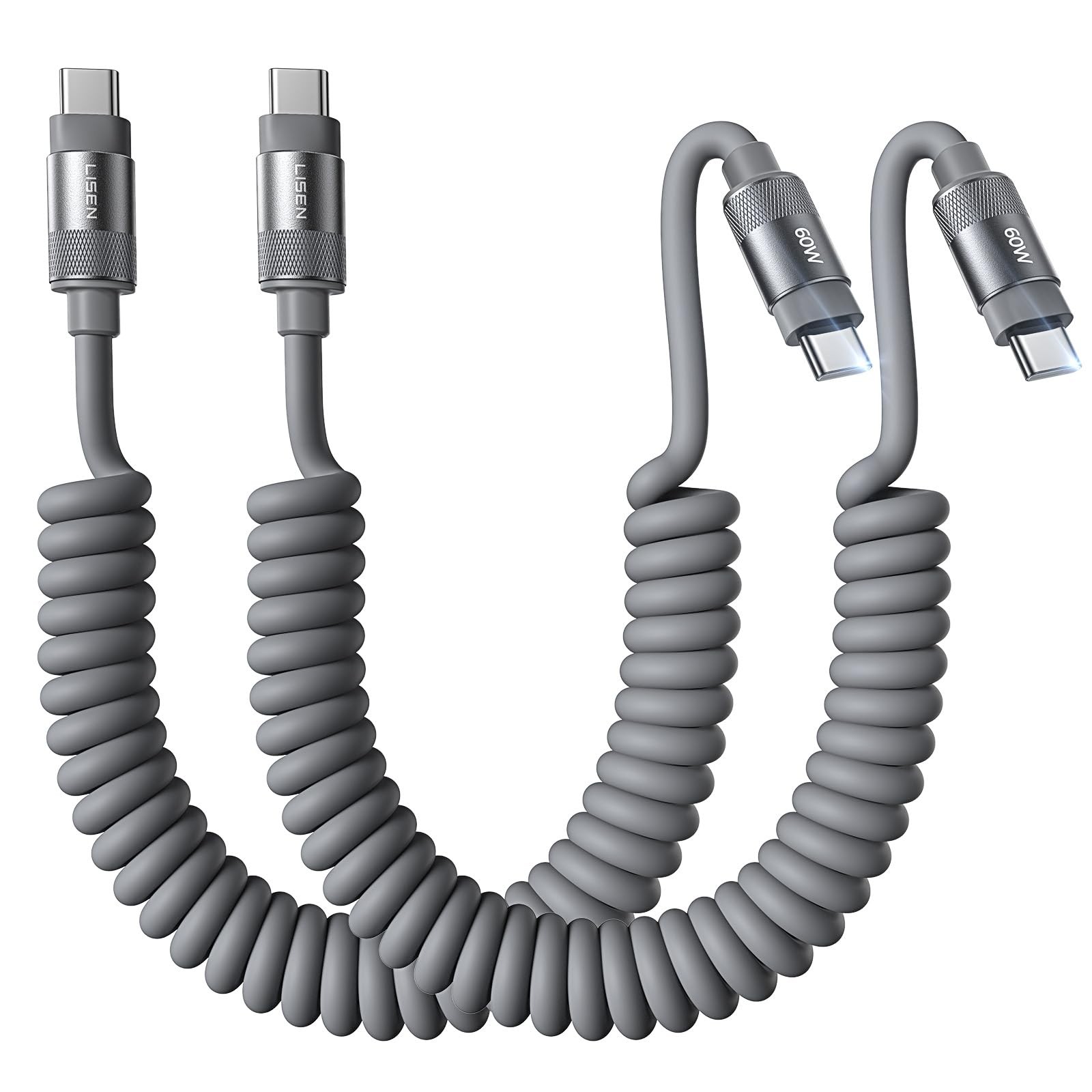 LISEN Coiled USB C Cable 2 Pack 60W Chubby C to C 4FT, Space Gray