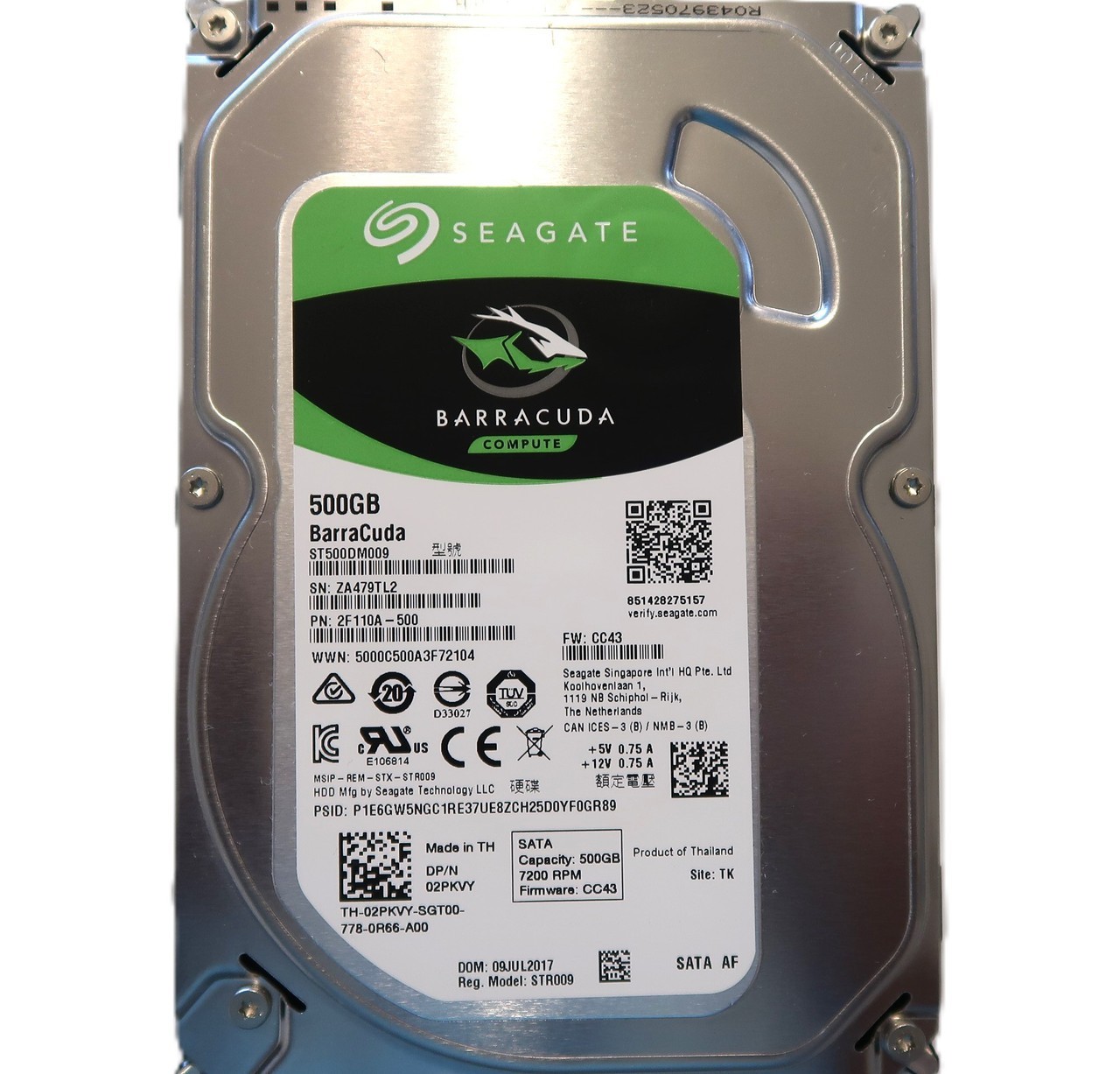 ST500DM009 PN: 2F110A-500 FW: CC43 (ZA4) TK Thailand 3.5" 500gb Sata JUL/2017