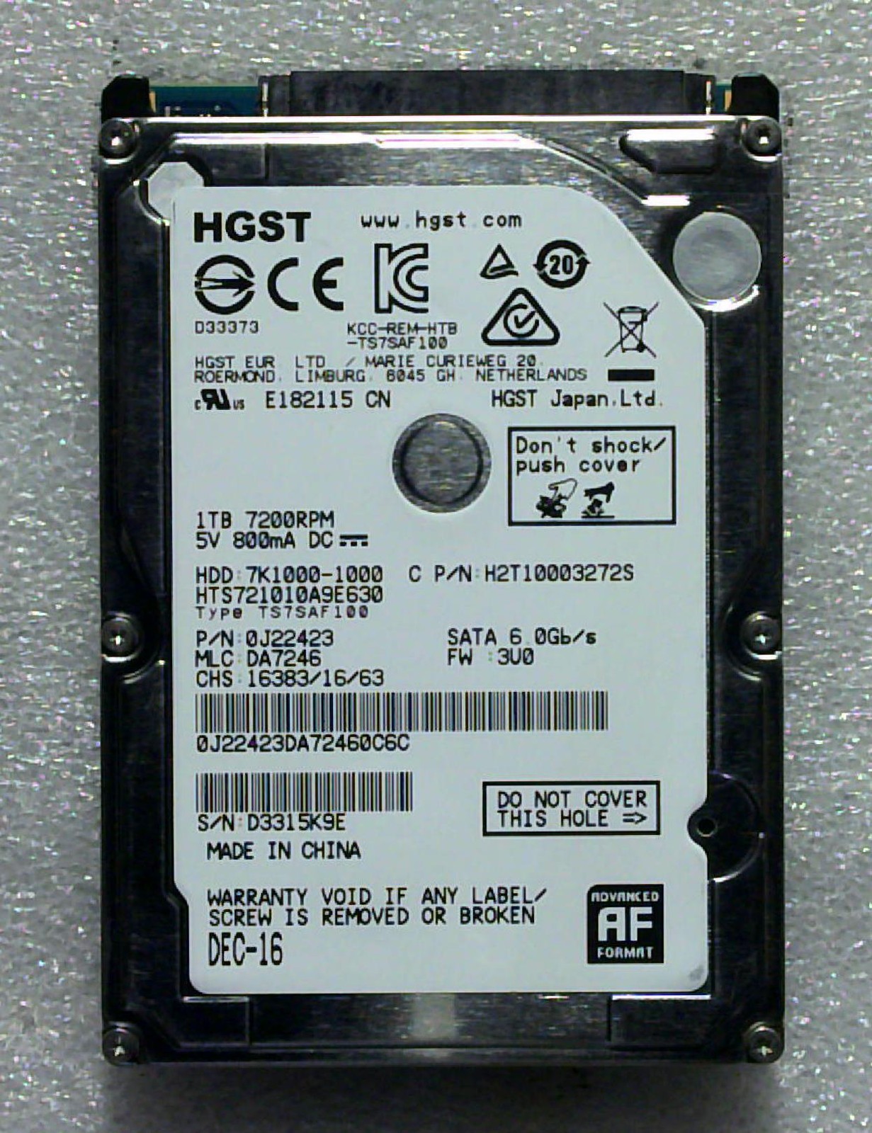 Hitachi / HGST - HTS721010A9E630 - 1TB - 0J22423 - SN: D3315K9E