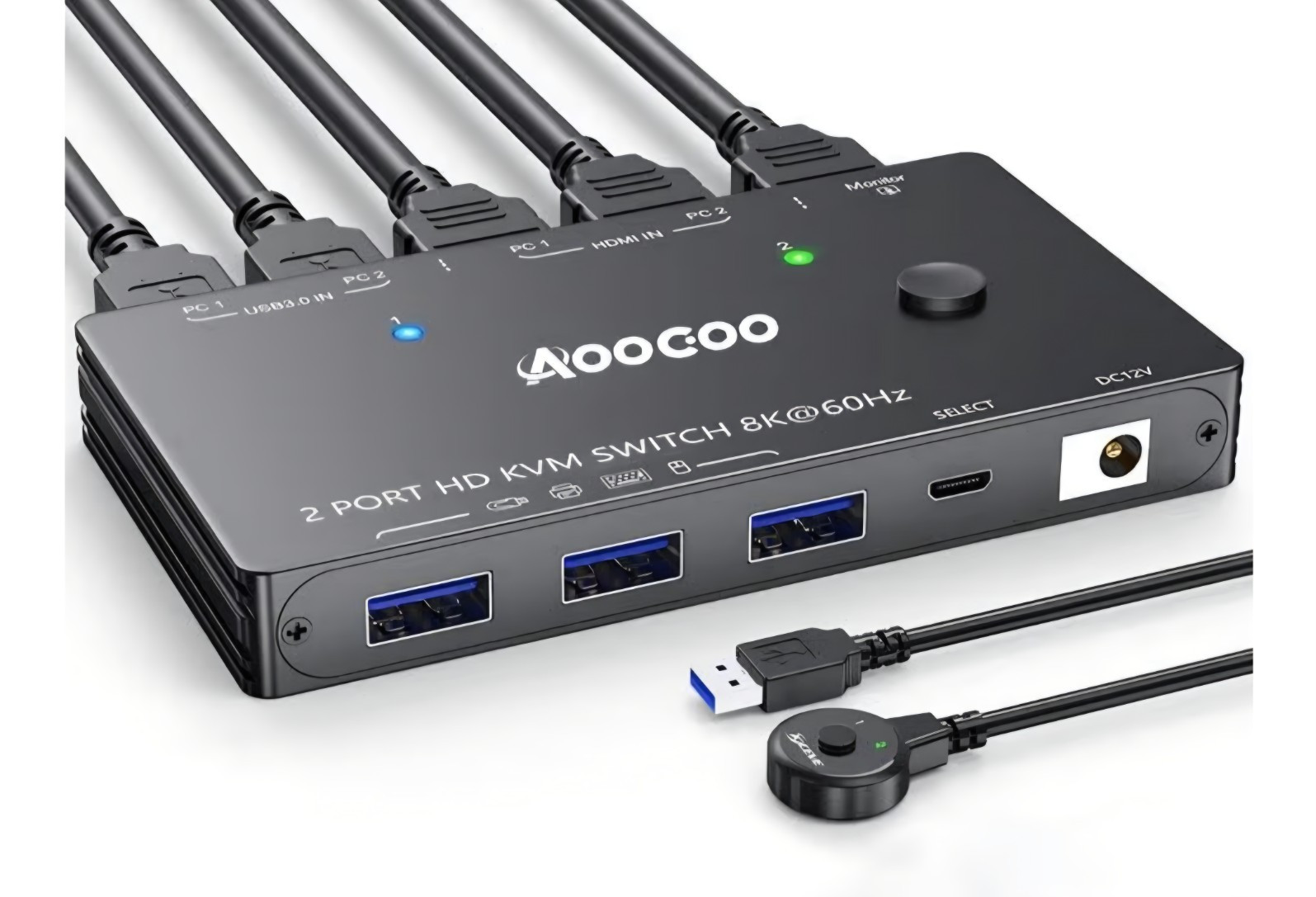8K HDMI KVM Switch 2 Computers 1 Monitor USB 3.0 4K144Hz Wired Remote- NEW