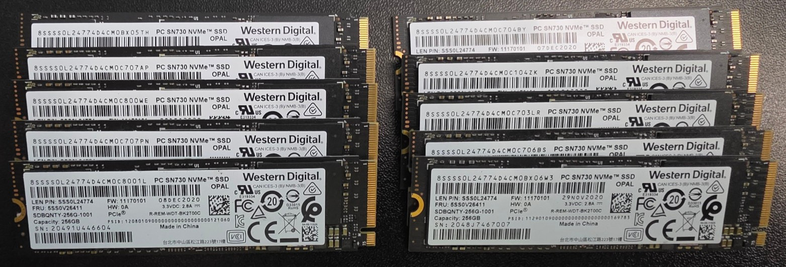 Lot of 10 - Western Digital SSS0L24774 256GB M.2 PCIe Gen3 x4 NVMe 2280 (SSD)