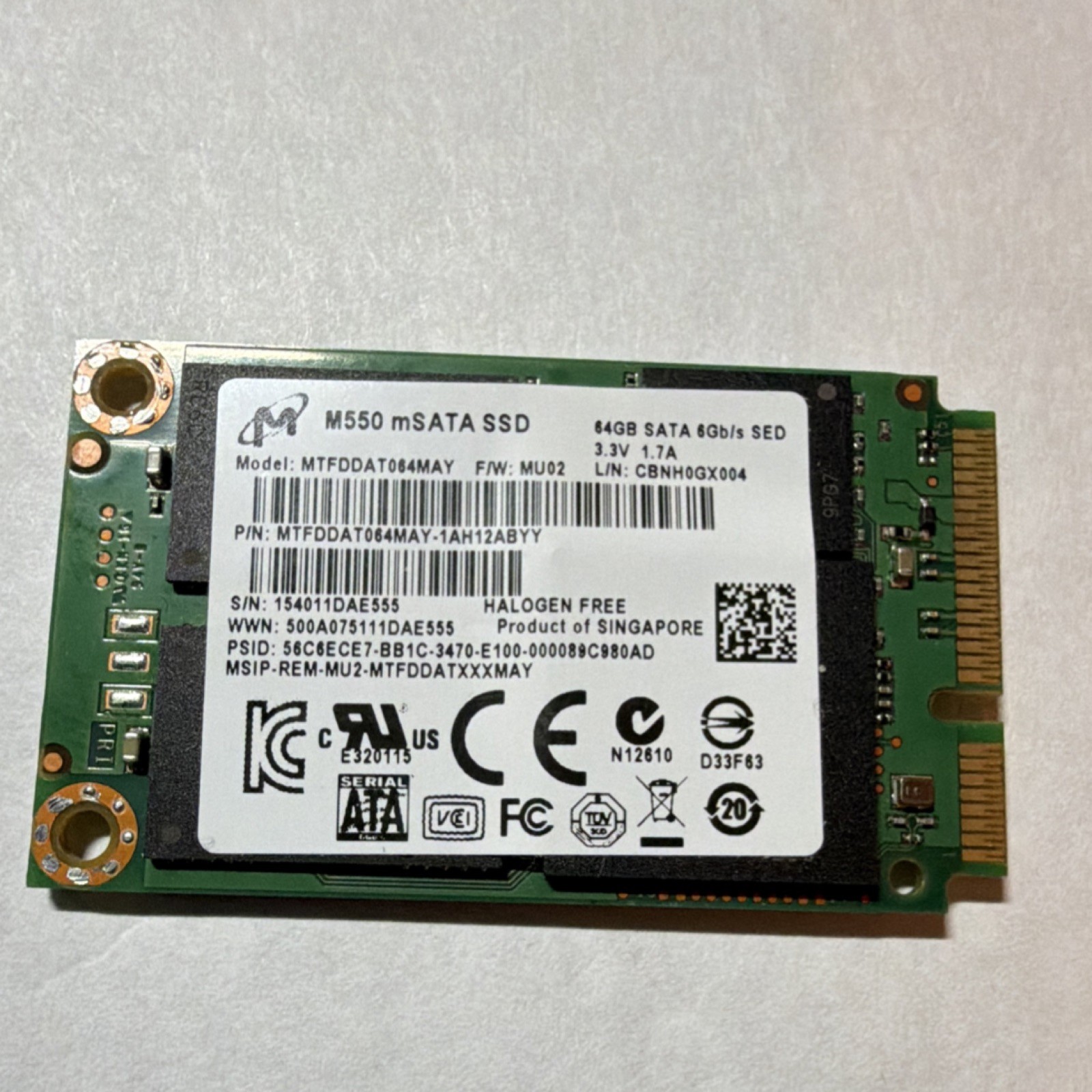Micron M550 64GB mSATA SATA 6Gb/s Internal SSD MTFDDAT064MAY