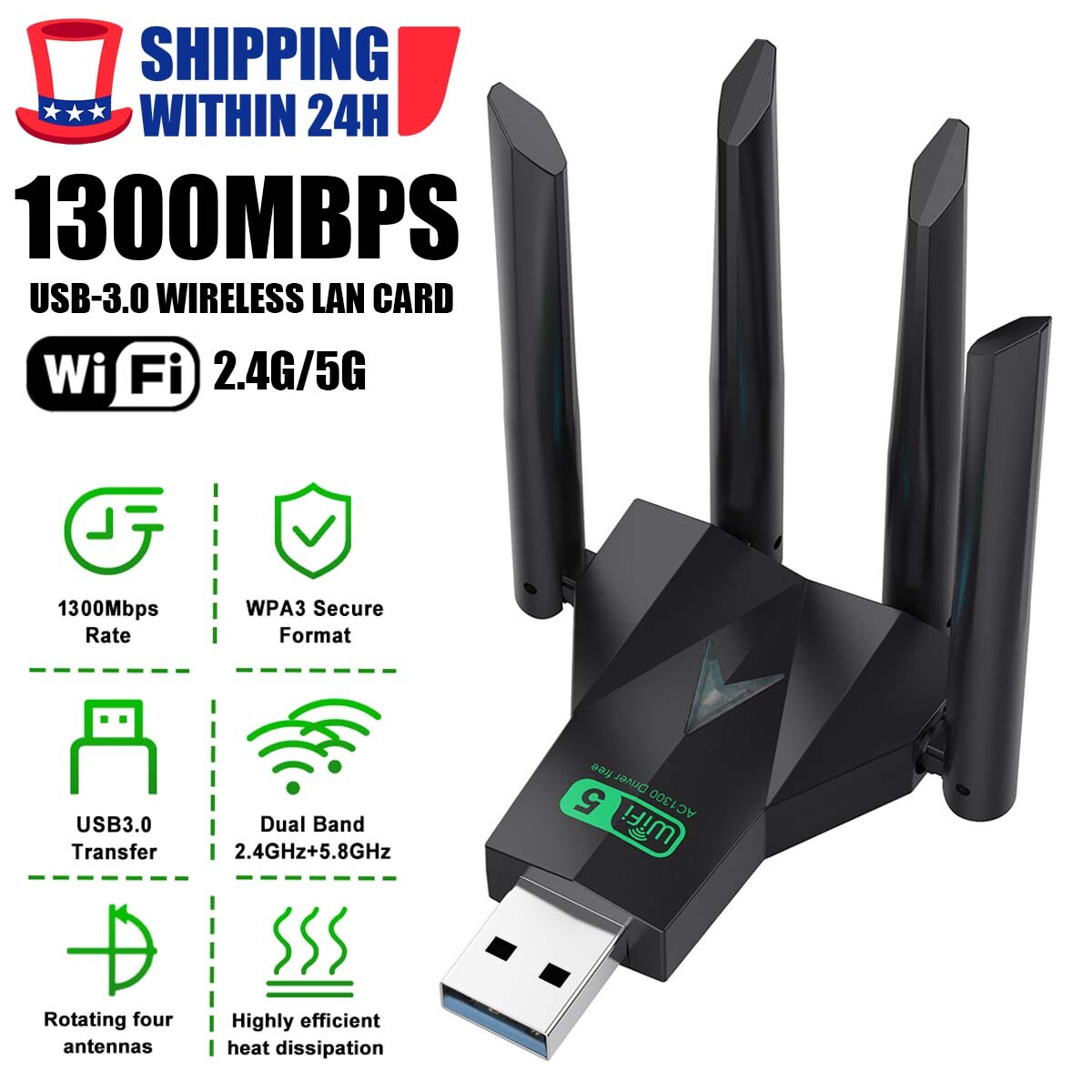 4-Antenna 1300Mbps Dual Band USB 3.0 Wifi  Wireless Network Card for PC US
