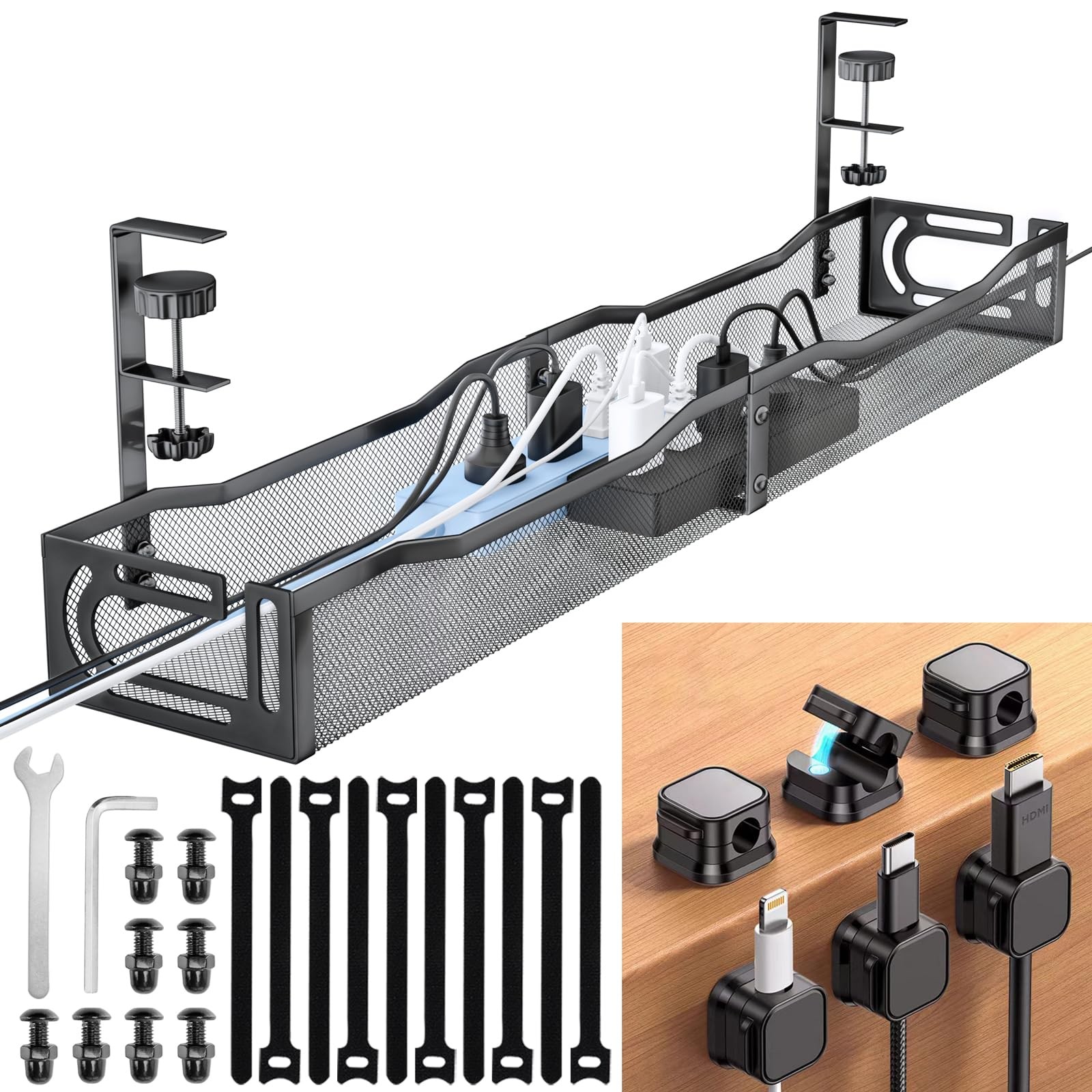 Cable Management Under Desk, 25.3'' No Drill Desk Cable Management Tray with ...
