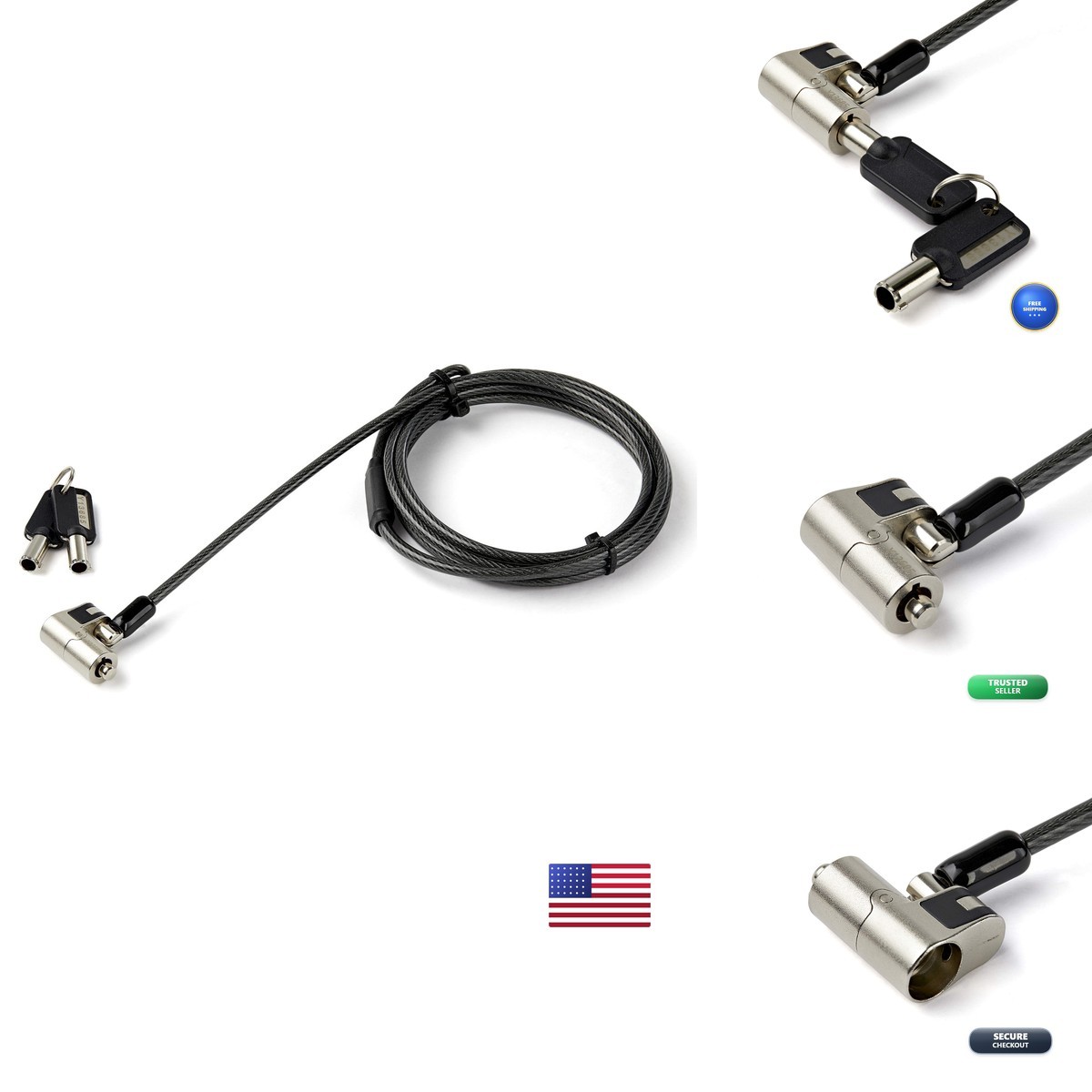 StarTech 6.6ft (2m) 3-in-1 Universal Laptop Cable Lock TAA Nano Wedge