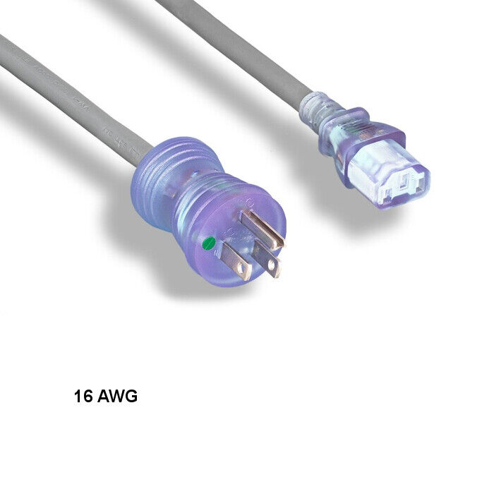 KNTK 15 ft 16 AWG Hospital Grade Power Cable NEMA 5-15P to C13 13A/125V Clear