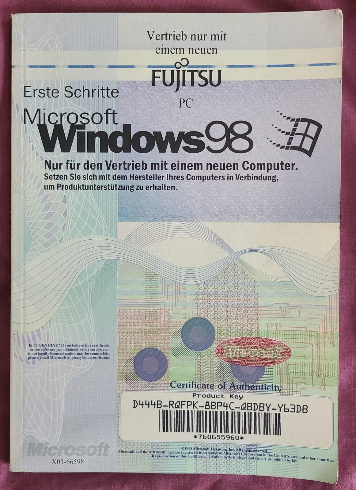 Vintage Microsoft Windows 98 German Erste Schritte Manual COA Fujitsu Key Book