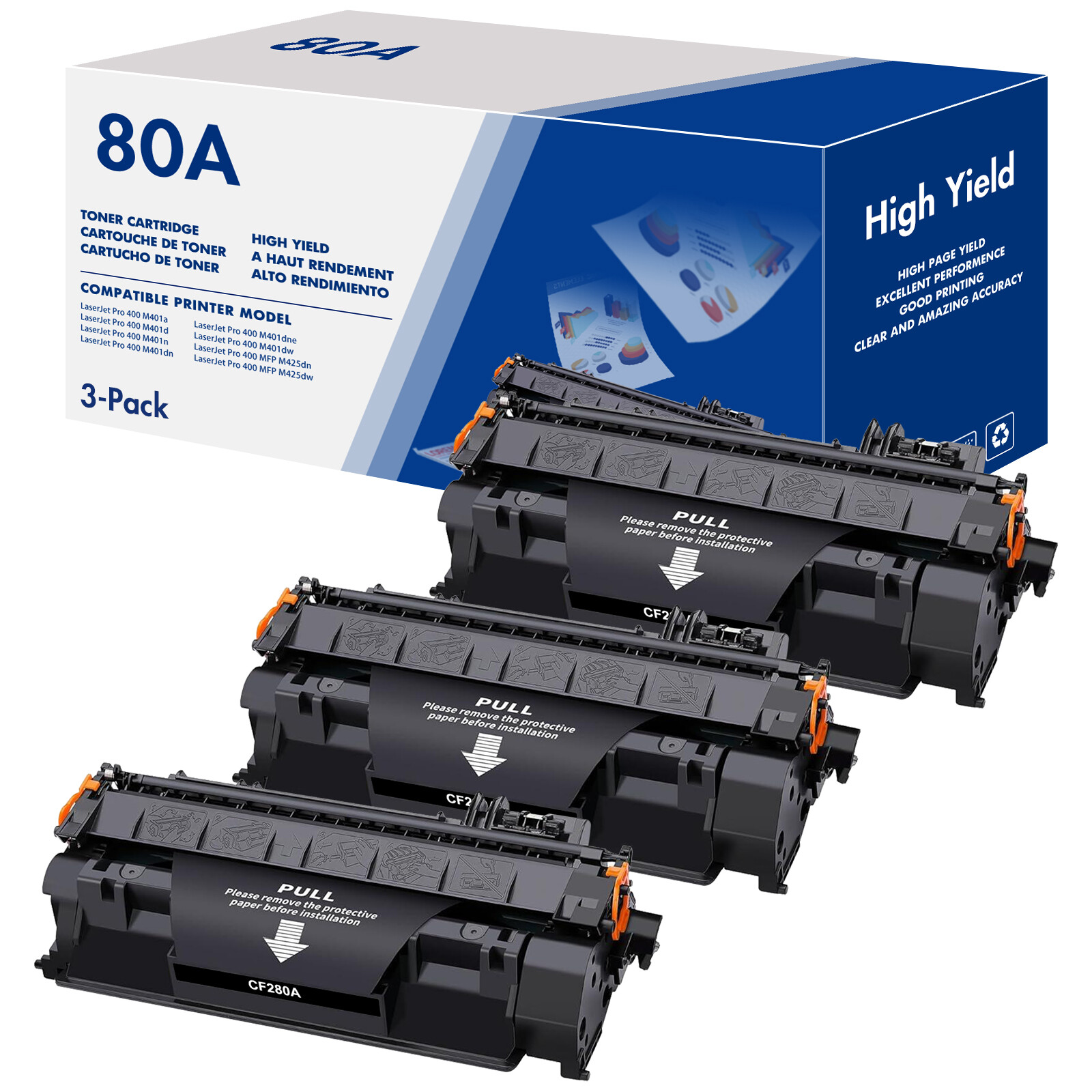 3PK CF280A Toner For HP 80A Toner Black LaserJet Pro 400 M401dn M401a MFP M425dn