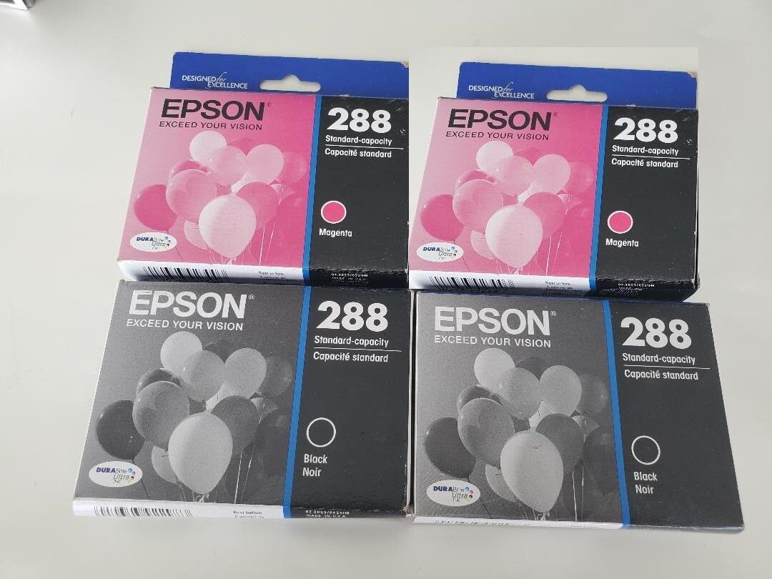 SET 4 Genuine FACTORY SEALED Epson 288 Magenta & Black Ink Cartridges 2023