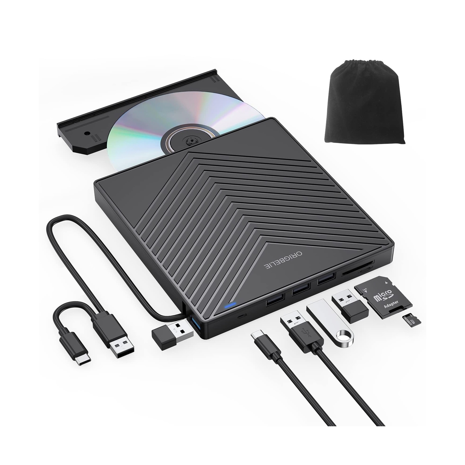 ORIGBELIE External CD DVD Drive, Ultra Slim CD Burner USB 3.0 with 4 USB Port...