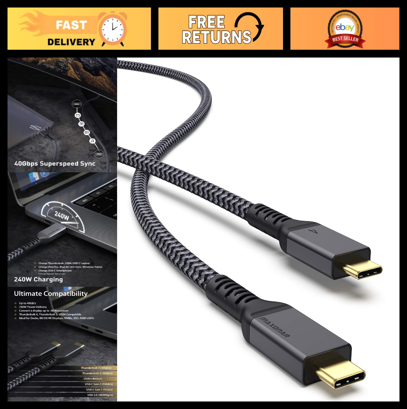 6.6Ft Thunderbolt 4 Cable - 40Gbps Data Sync, 240W Charging, 8K/5K@60Hz for USB