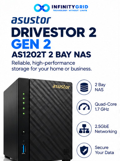 NEW ASUSTOR Drivestor 2 Gen2 AS1202T 2-Bay NAS 2.5GbE Quad-Core Diskless