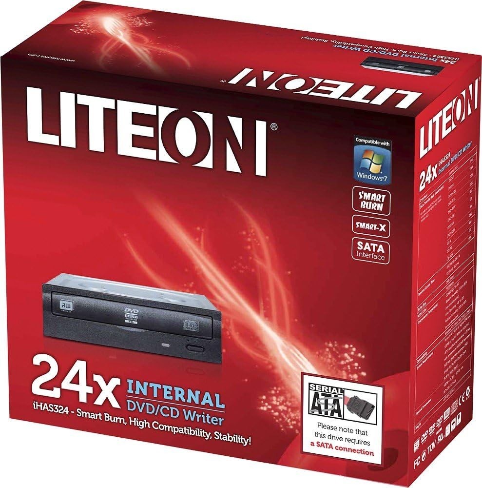 Lite-On 24x SATA Internal DVD CD Writer Smart Burn Optical Drives IHAS324-17 Blk