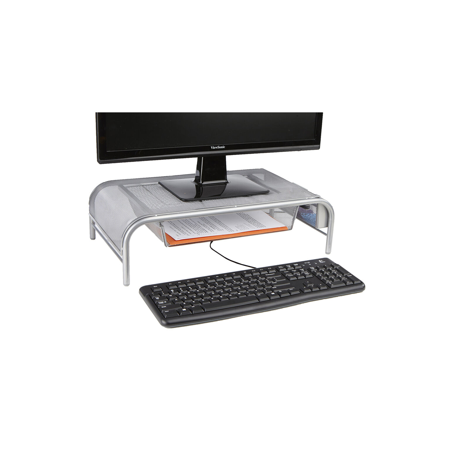 Mind Reader Metal Mesh Monitor Stand and Desk Organizer with Drawer, Silver