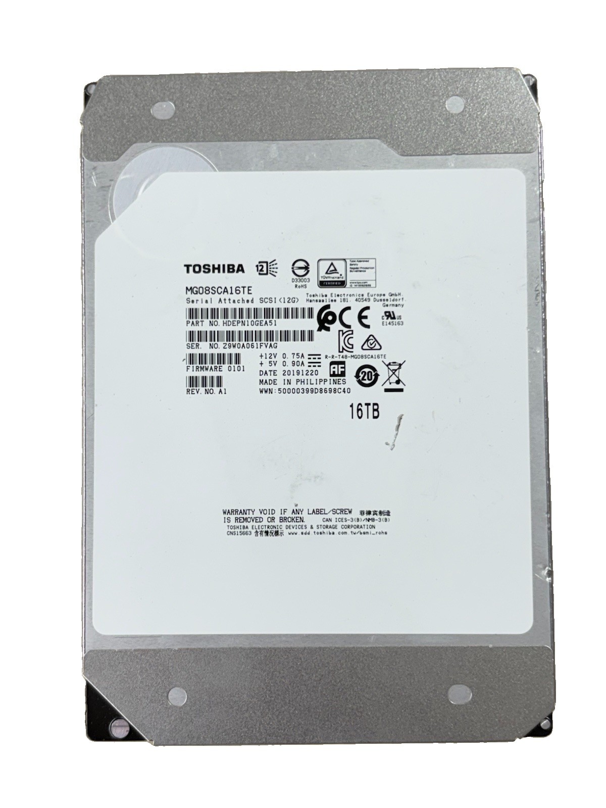 Toshiba MG08SCA16TE 16TB 7.2k 12Gb/s 3.5" SAS Hard Drive