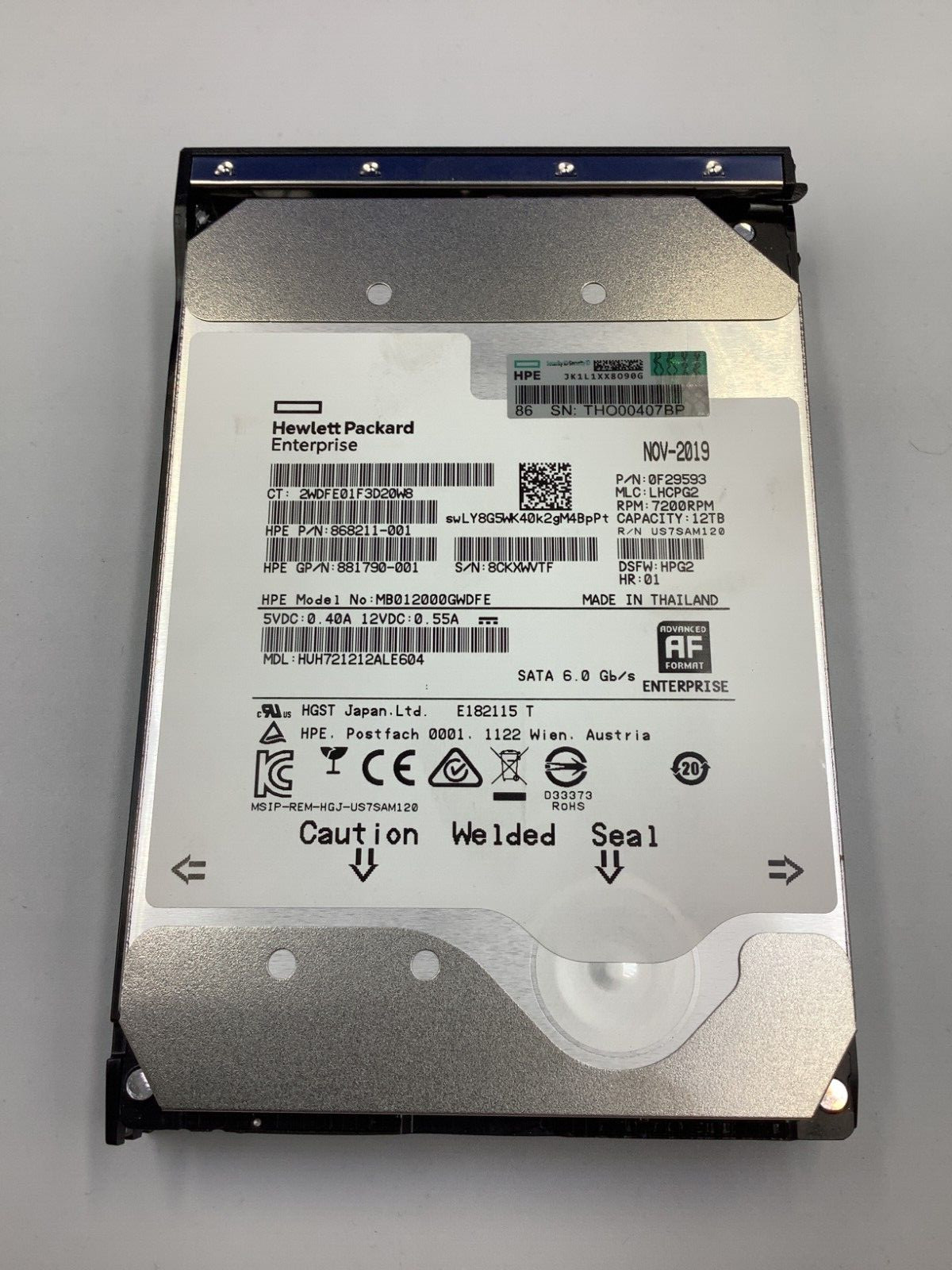 881787-B21 HPE 12TB SATA 6G 7.2K LFF LP HELIUM 512E HDD 868211-001 882401-001