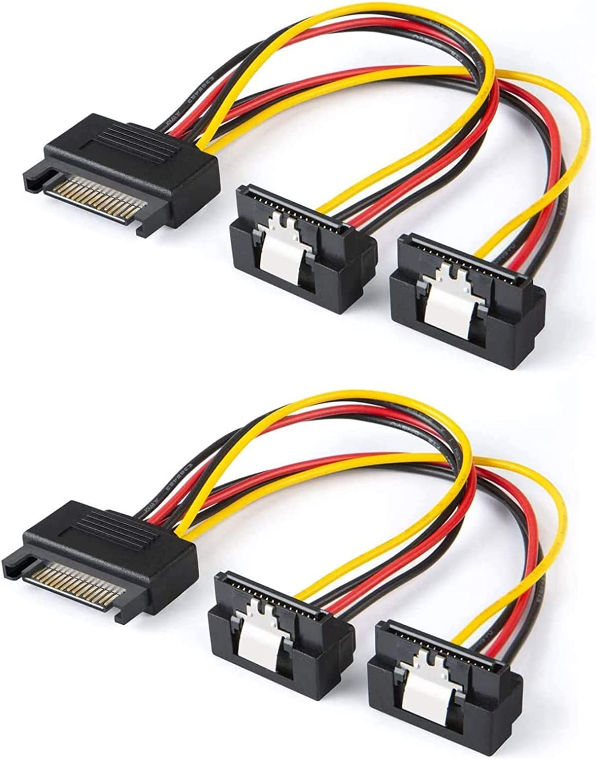 SATA Power Cable, [2-Pack] 6-Inch SATA 15 Pin Male to 2Xsata 15 Pin down Angle F