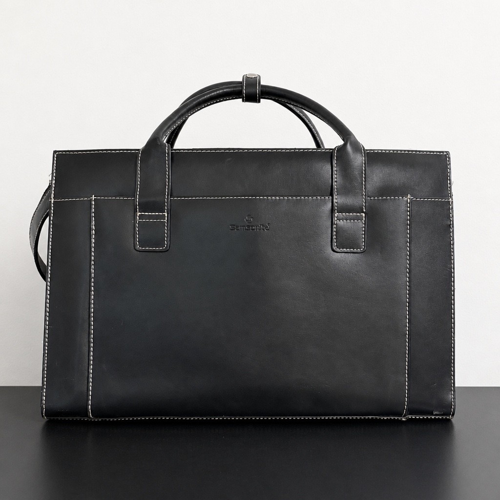 Samsonite Black Leather Briefcase Laptop Business Bag Expandable Black 17x11x7