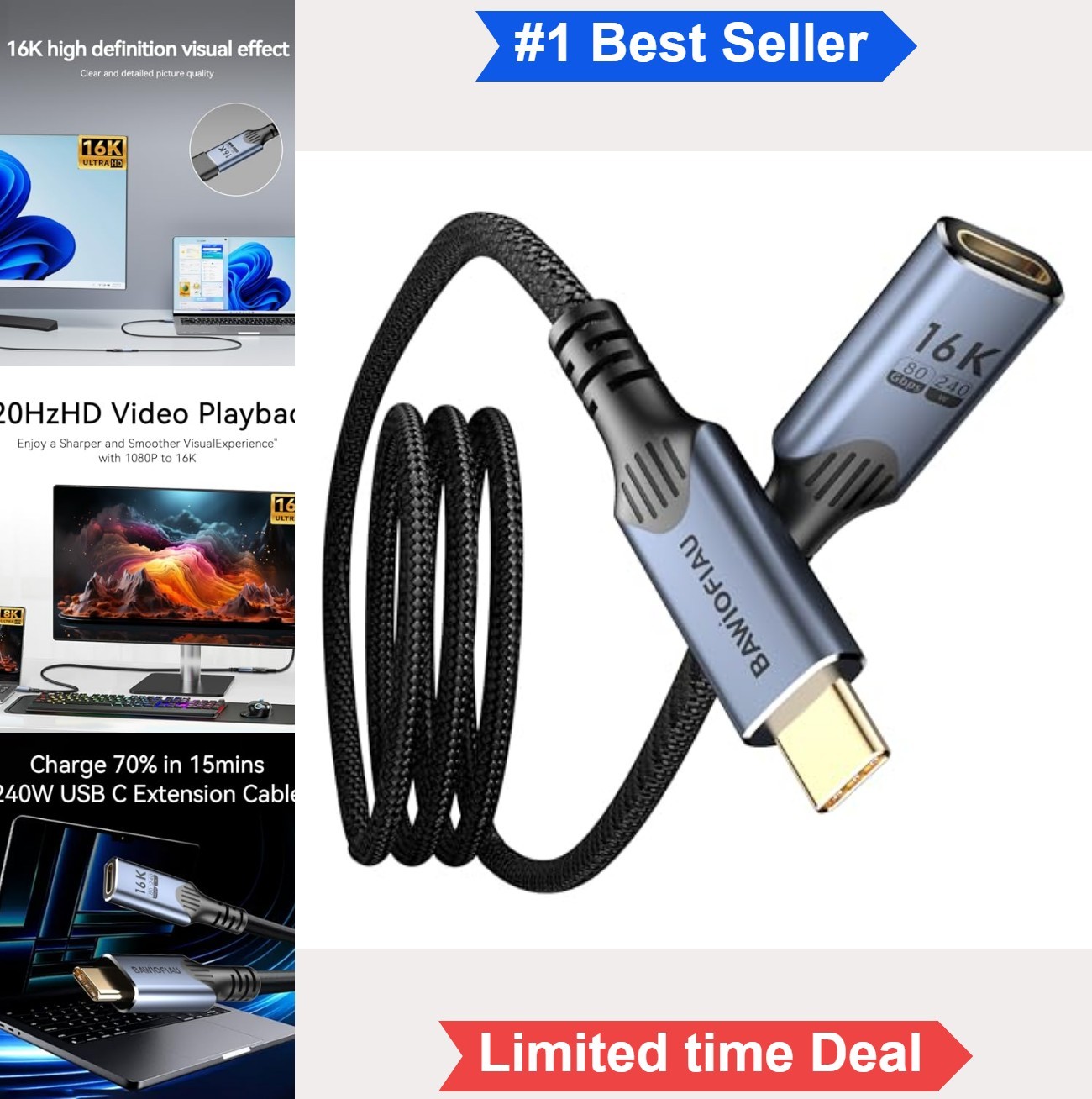 USB C Extension Cable 3.3ft Male to Female 240W 80Gbps 16K 8K Video Display
