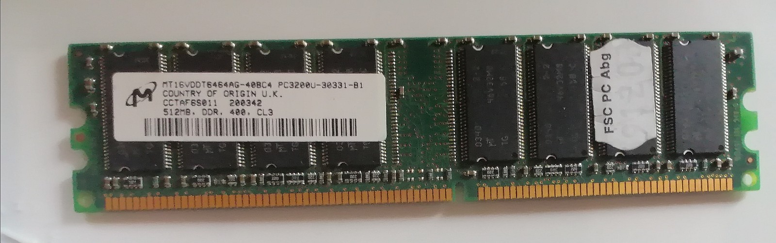 MT16VDDT64AG-40BC4 PC3200U-30331-B1 Country Of Origin U.K 512MB DDR 400CL3