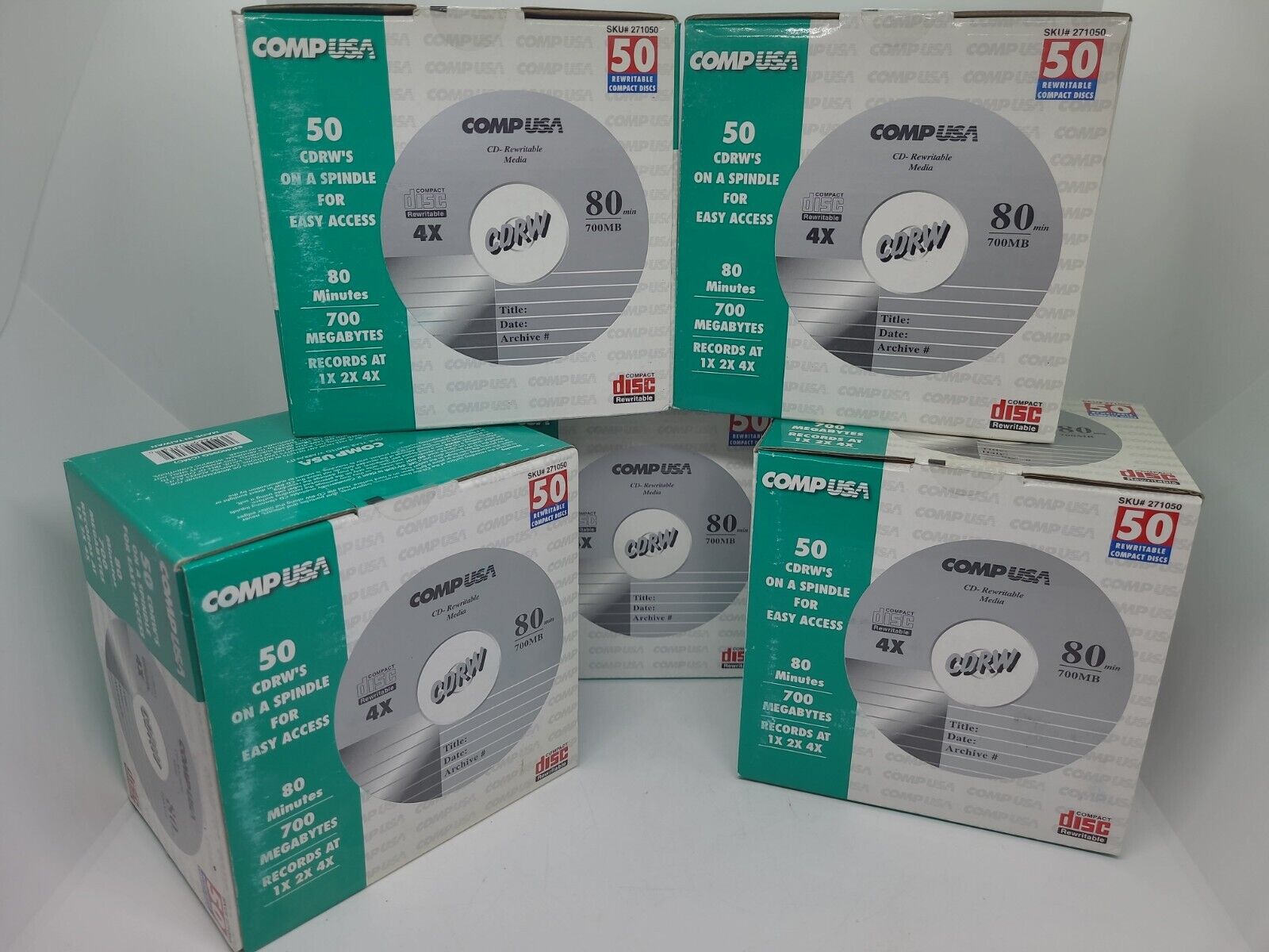 5-Comp USA 50 CD-RW Premium 4X80 Minute 700 Meg CD Rom Discs New Box 250 Total